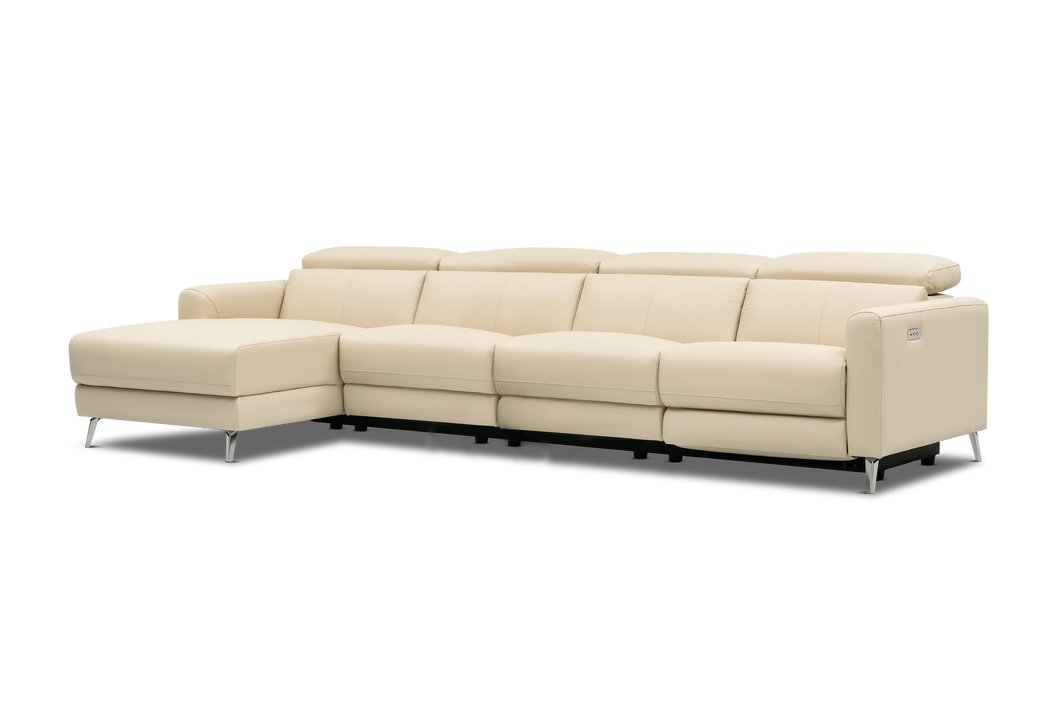 Valencia Andria Modern Top Grain Leather Reclining Sectional Four Seats with Left Chaise Sofa, Beige Color