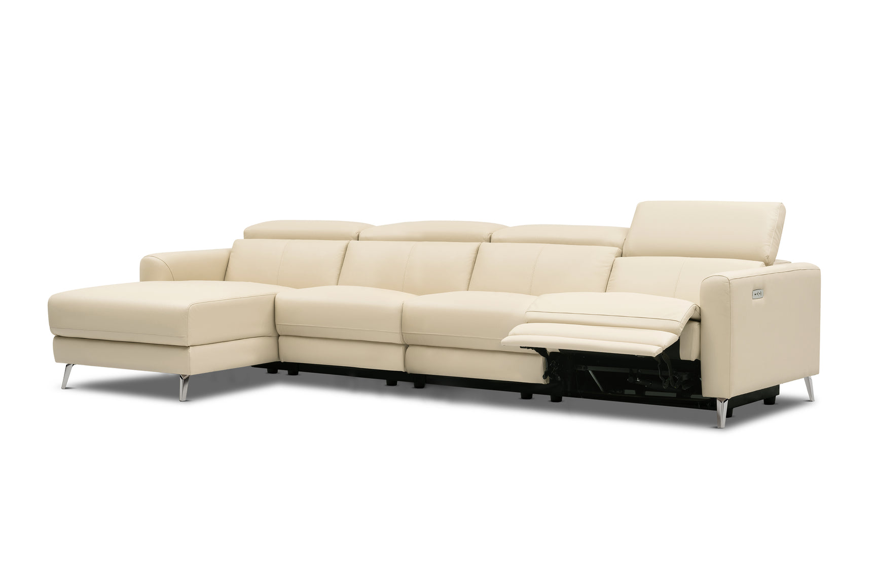 Valencia Andria Modern Top Grain Leather Reclining Sectional Four Seats with Left Chaise Sofa, Beige Color