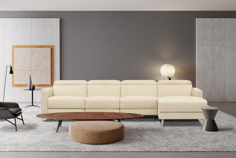 Valencia Andria Modern Top Grain Leather Reclining Sectional Four Seats with Right Chaise Sofa, Beige Color