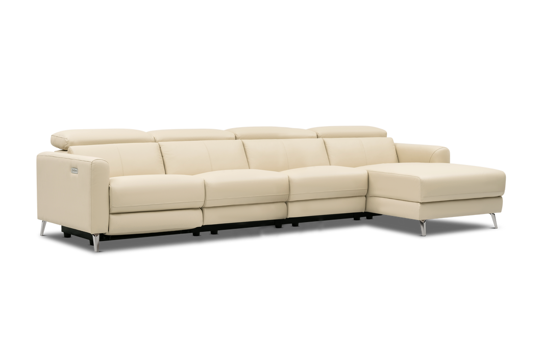 Valencia Andria Modern Top Grain Leather Reclining Sectional Four Seats with Right Chaise Sofa, Beige Color