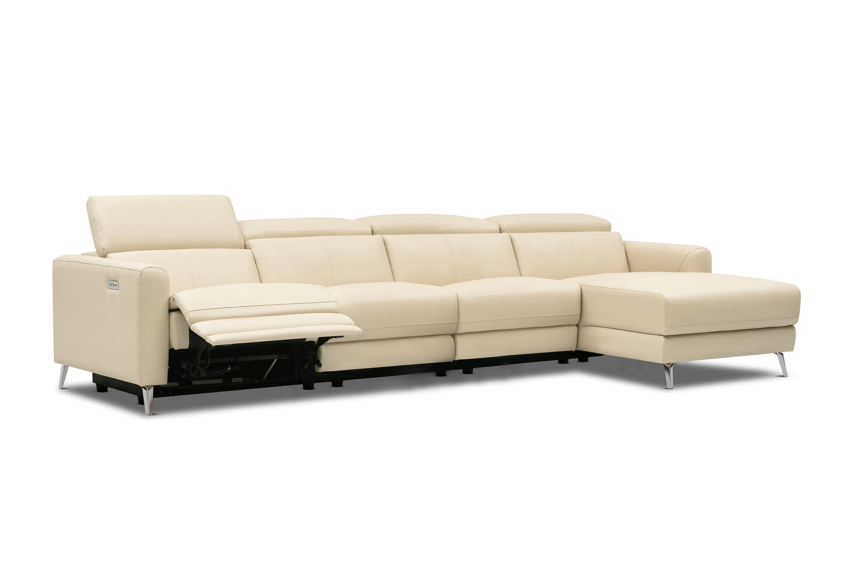 Valencia Andria Modern Top Grain Leather Reclining Sectional Four Seats with Right Chaise Sofa, Beige Color