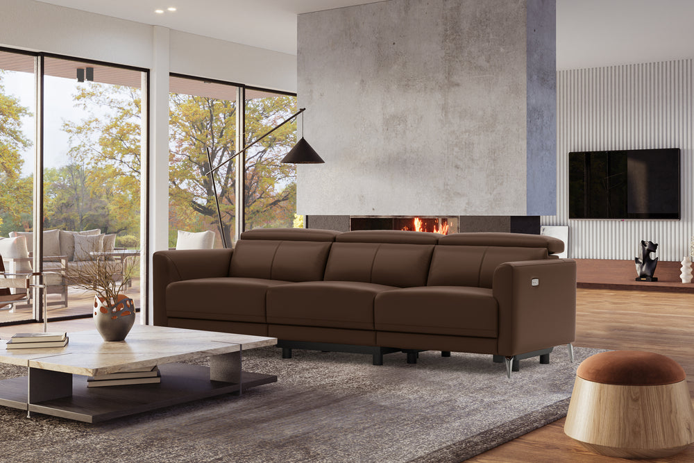 Valencia Andria Modern Top Grain Leather Reclining Sectional Three Seats Sofa, Chocolate Color
