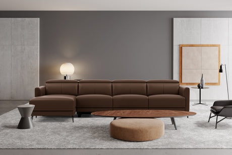 Valencia Andria Modern Top Grain Leather Reclining Sectional Four Seats with Left Chaise Sofa, Chocolate Color
