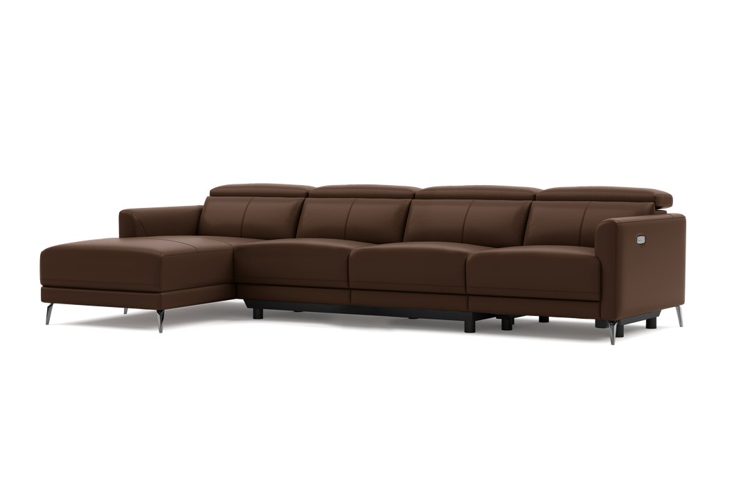 Valencia Andria Modern Top Grain Leather Reclining Sectional Four Seats with Left Chaise Sofa, Chocolate Color
