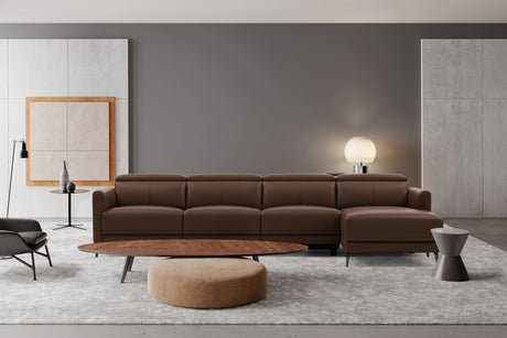 Valencia Andria Modern Top Grain Leather Reclining Sectional Four Seats with Right Chaise Sofa, Chocolate Color