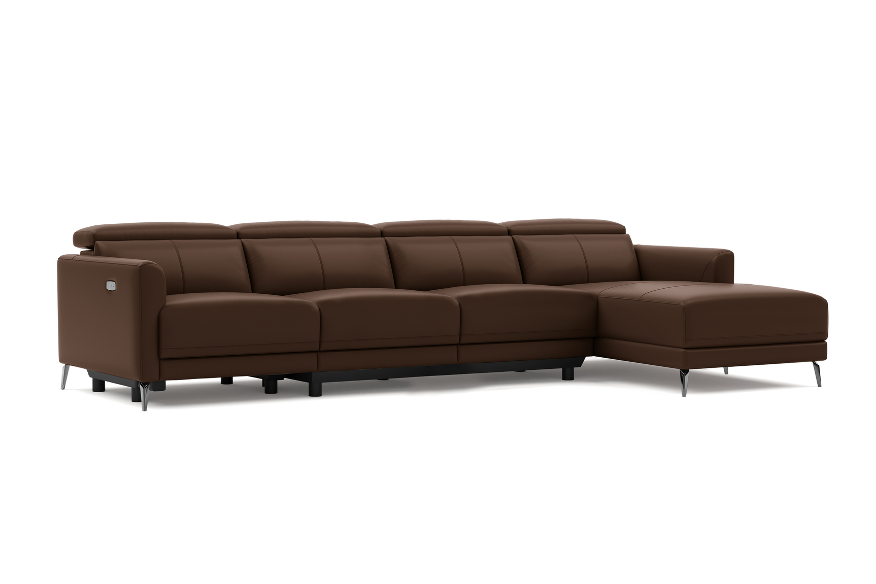 Valencia Andria Modern Top Grain Leather Reclining Sectional Four Seats with Right Chaise Sofa, Chocolate Color