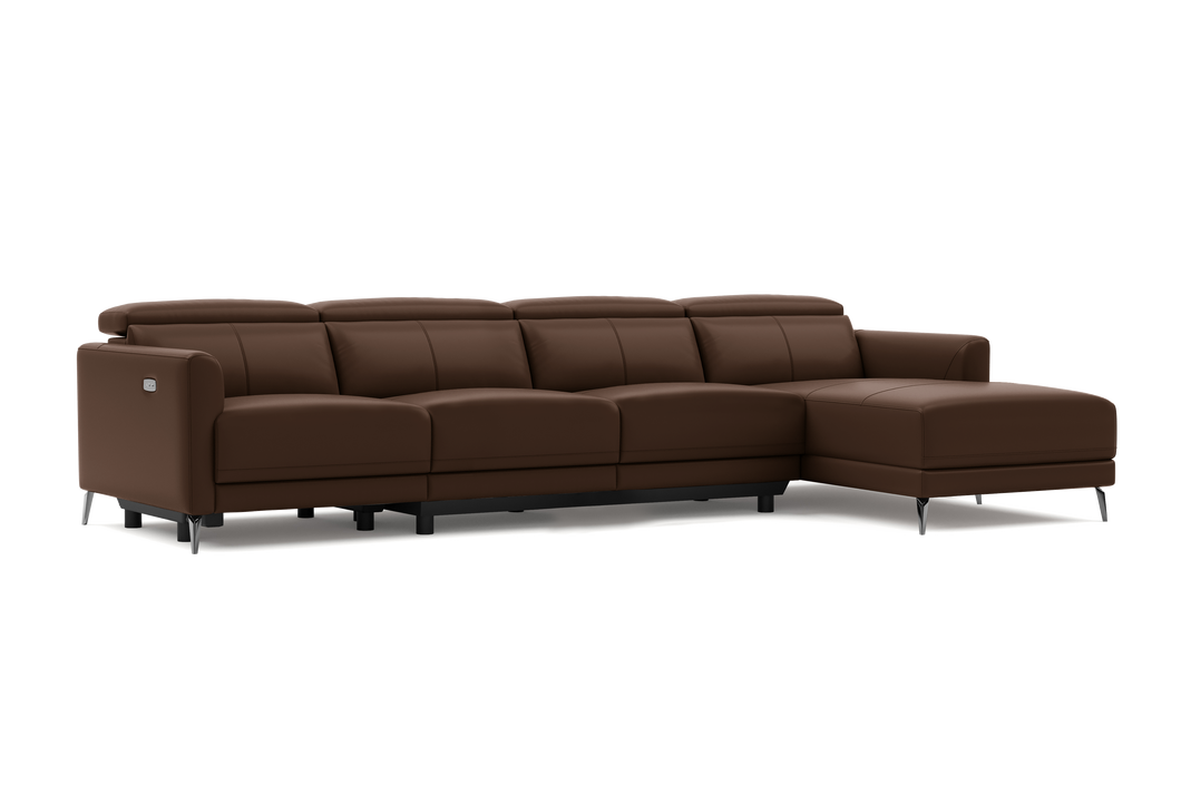 Valencia Andria Modern Top Grain Leather Reclining Sectional Four Seats with Right Chaise Sofa, Chocolate Color