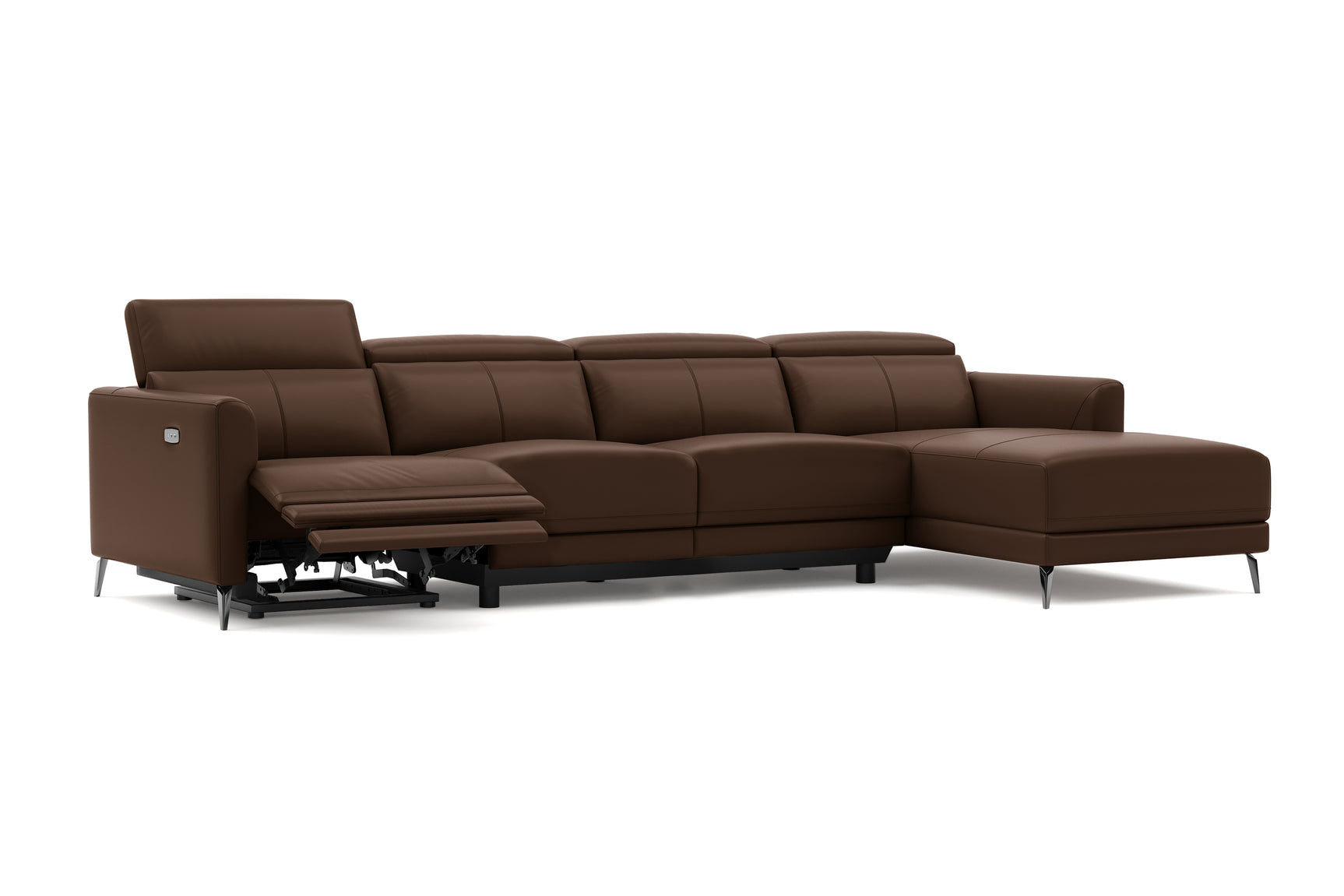 Valencia Andria Modern Top Grain Leather Reclining Sectional Four Seats with Right Chaise Sofa, Chocolate Color