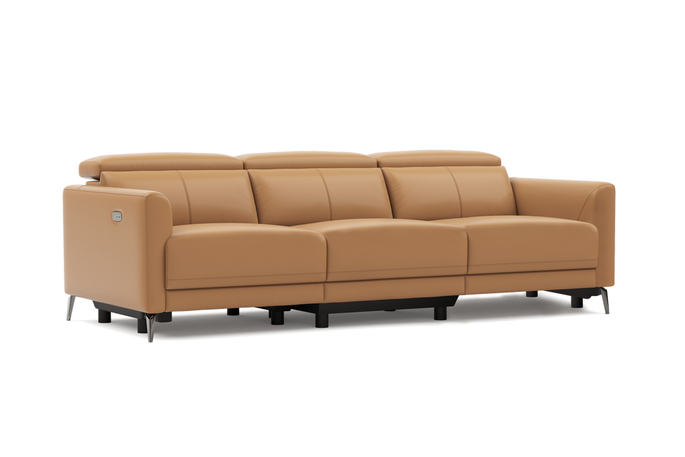 Valencia Andria Modern Top Grain Leather Reclining Sectional Three Seats Sofa, Tan Color
