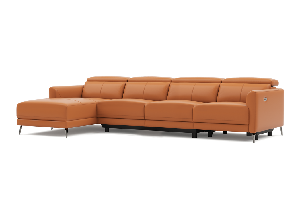 Valencia Andria Modern Top Grain Leather Reclining Sectional Fours Seats with Left Chaise Sofa, Cognac Color