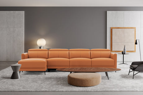 Valencia Andria Modern Top Grain Leather Reclining Sectional Fours Seats with Left Chaise Sofa, Cognac Color