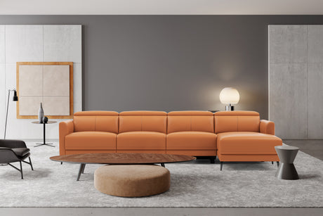 Valencia Andria Modern Top Grain Leather Reclining Sectional Fours Seats with Right Chaise Sofa, Cognac Color