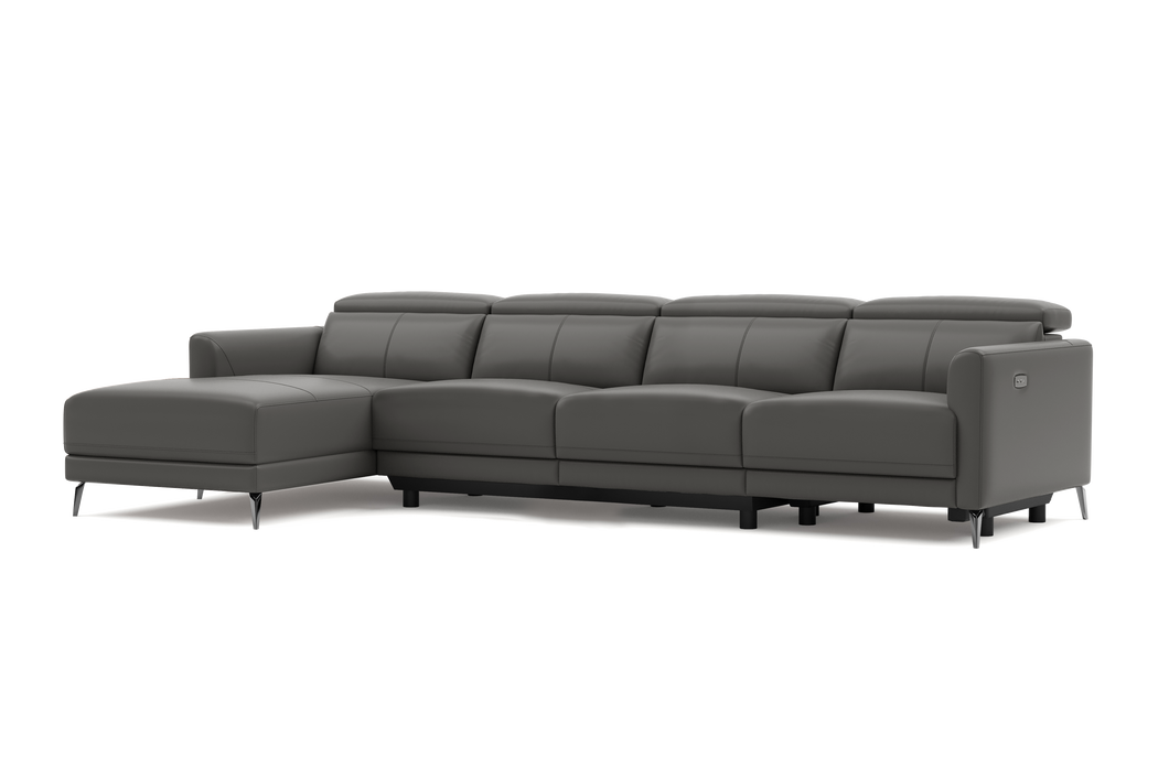 Valencia Andria Modern Top Grain Leather Reclining Sectional Four Seats with Left Chaise Sofa, Grey