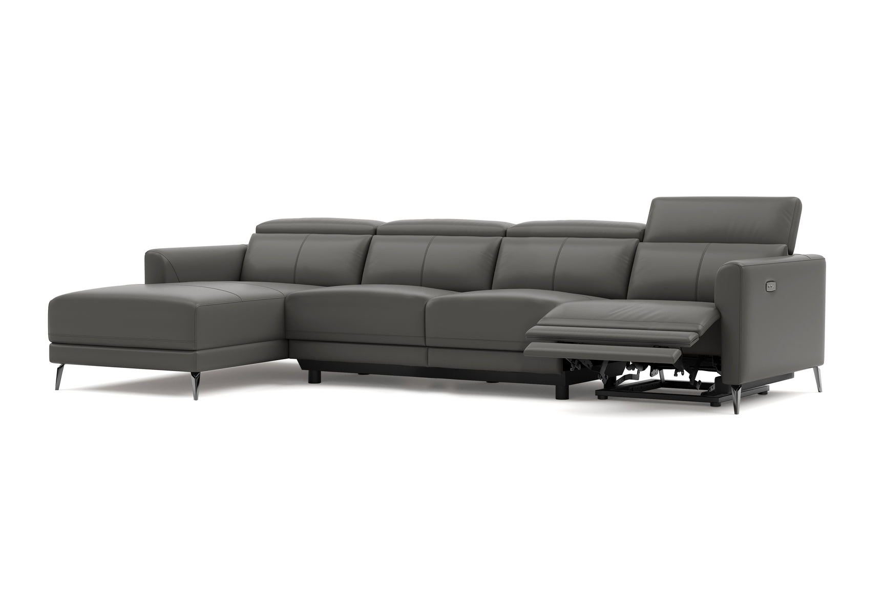 Valencia Andria Modern Top Grain Leather Reclining Sectional Four Seats with Left Chaise Sofa, Grey