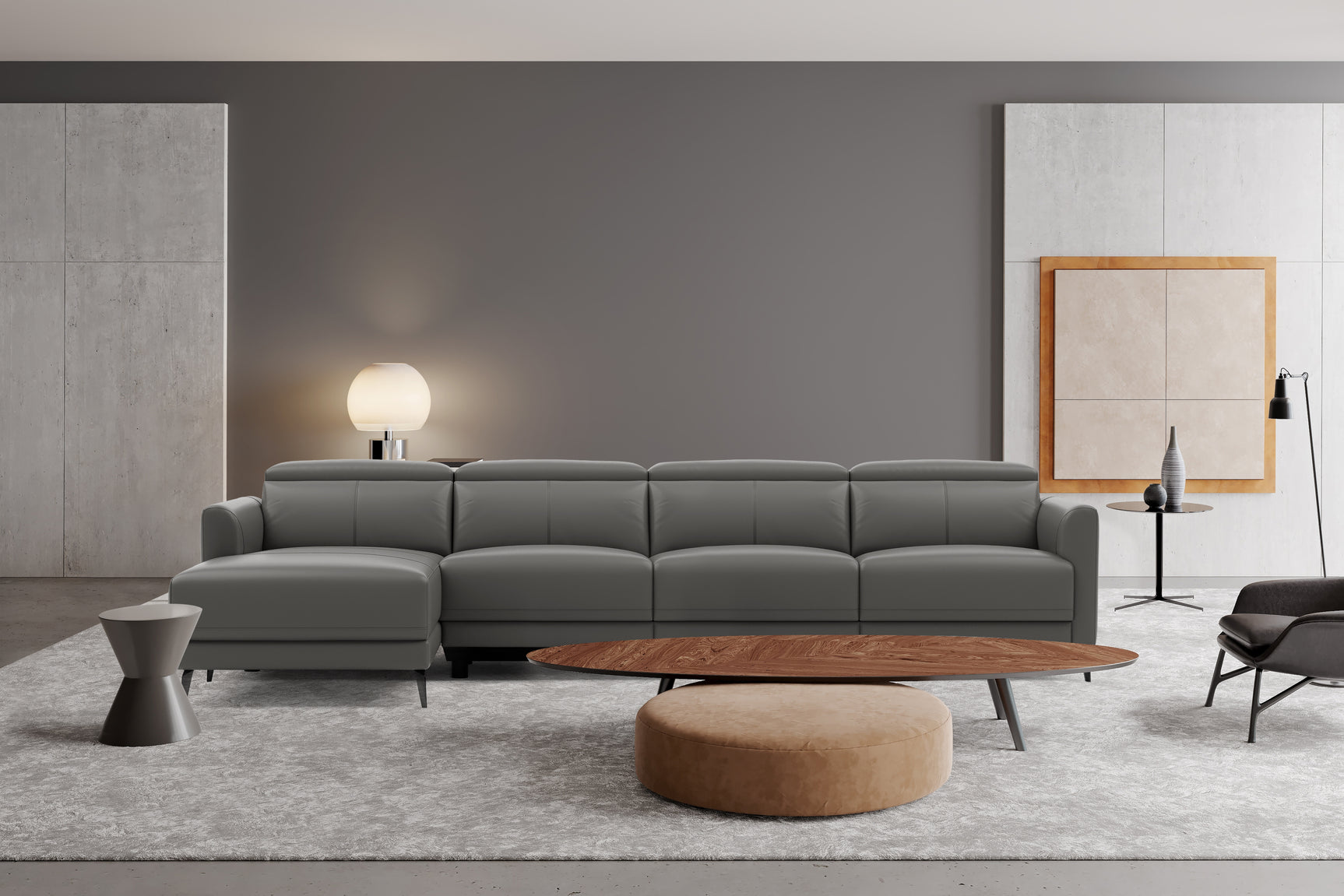 Valencia Andria Modern Top Grain Leather Reclining Sectional Four Seats with Left Chaise Sofa, Grey