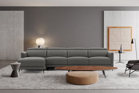 Valencia Andria Modern Top Grain Leather Reclining Sectional Four Seats with Left Chaise Sofa, Grey