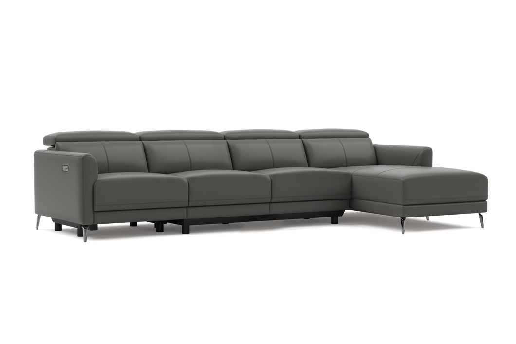 Valencia Andria Modern Top Grain Leather Reclining Sectional Four Seats with Right Chaise Sofa, Grey