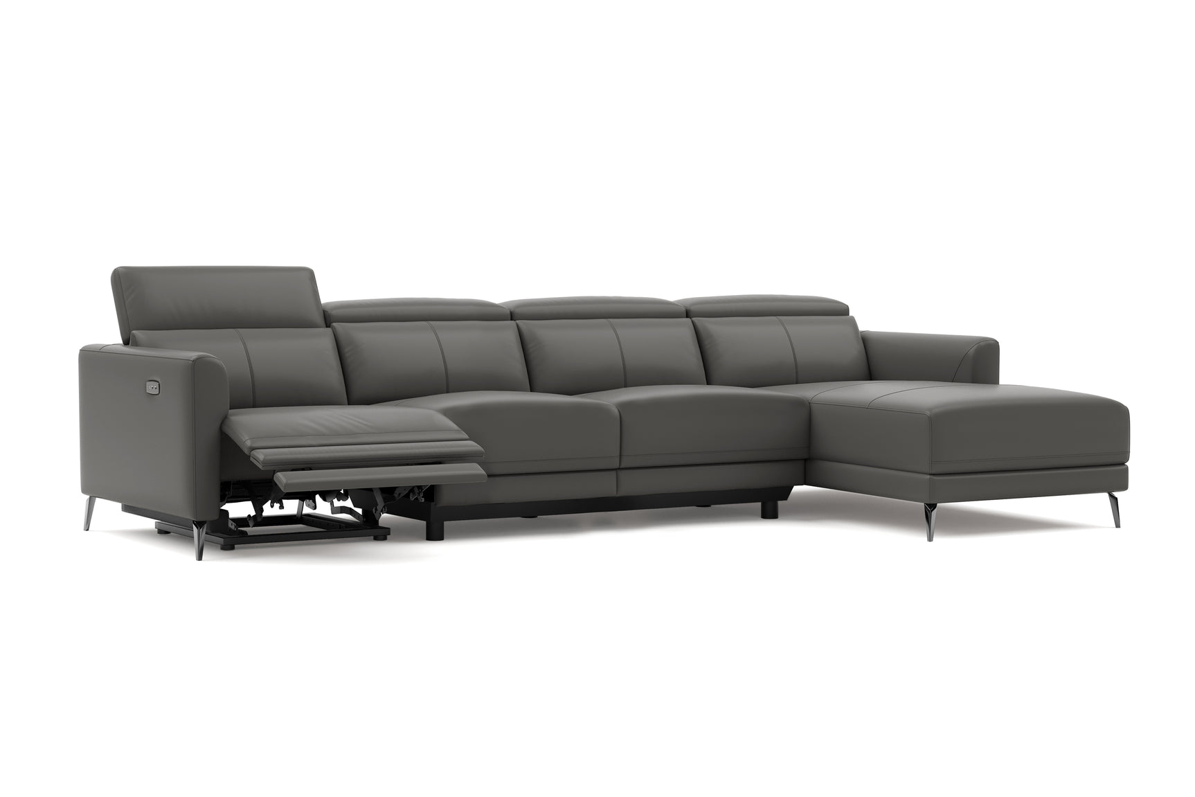 Valencia Andria Modern Top Grain Leather Reclining Sectional Four Seats with Right Chaise Sofa, Grey