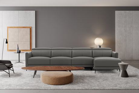 Valencia Andria Modern Top Grain Leather Reclining Sectional Four Seats with Right Chaise Sofa, Grey