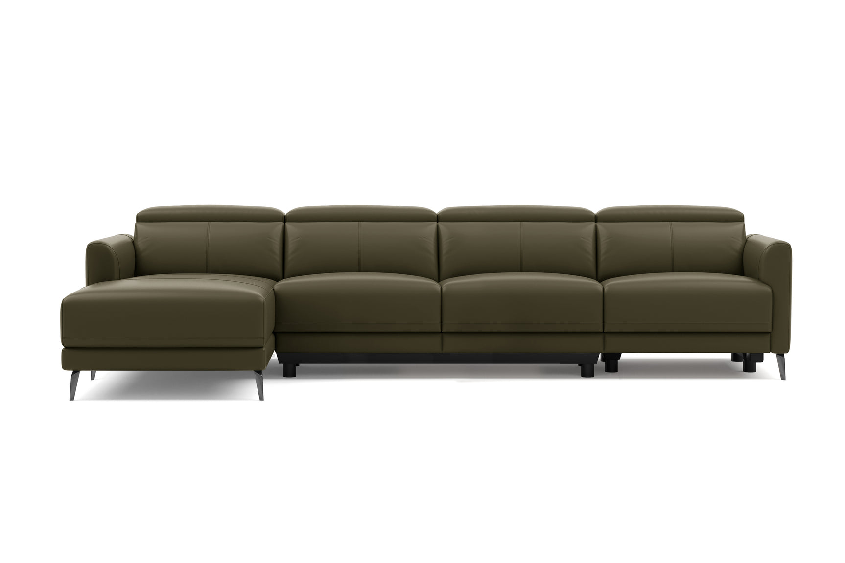 Valencia Andria Modern Top Grain Leather Reclining Sectional Four Seats with Left Chaise Sofa, Dark Green Color