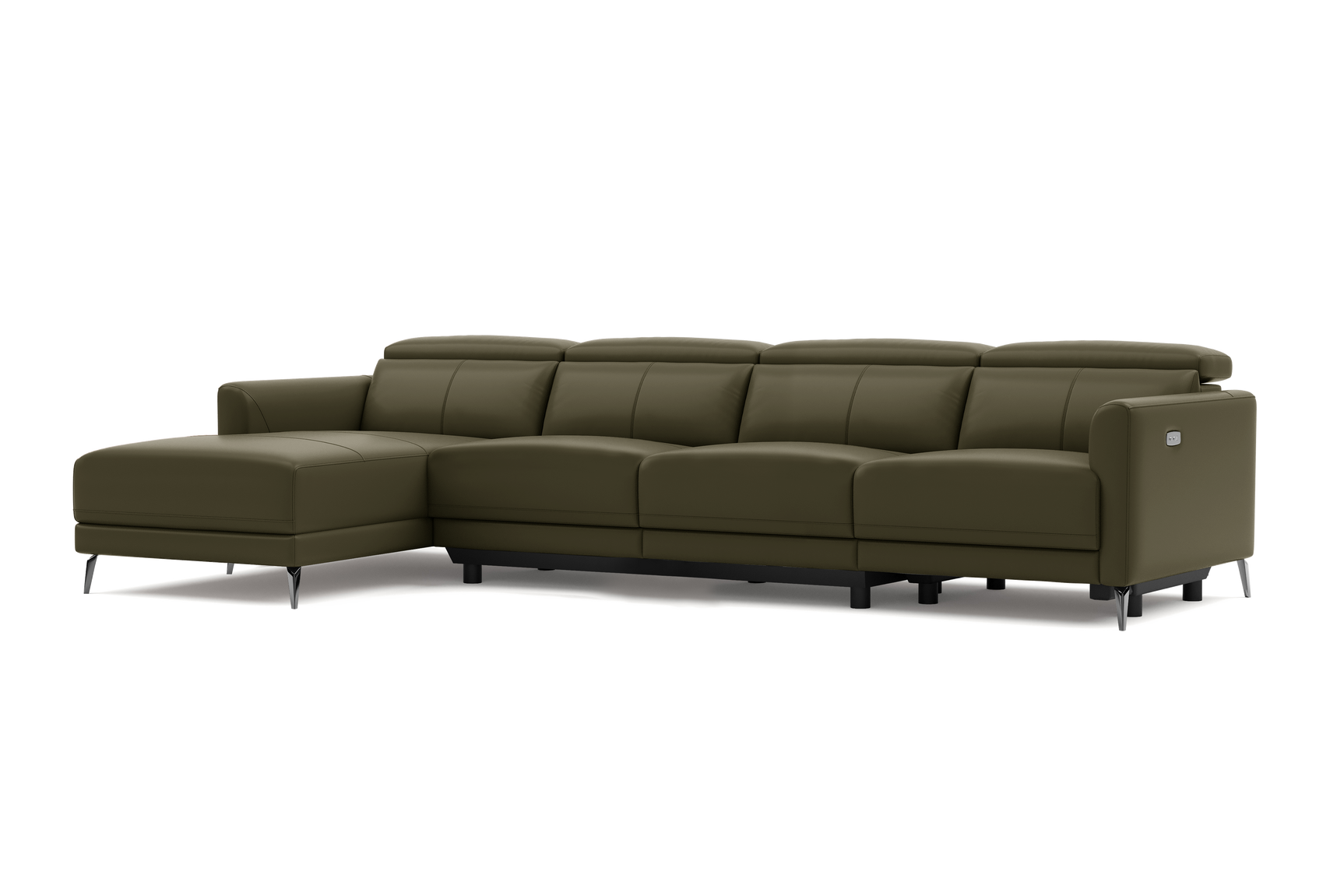 Valencia Andria Modern Top Grain Leather Reclining Sectional Four Seats with Left Chaise Sofa, Dark Green Color