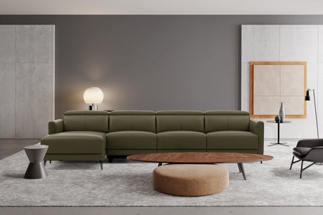 Valencia Andria Modern Top Grain Leather Reclining Sectional Four Seats with Left Chaise Sofa, Dark Green Color
