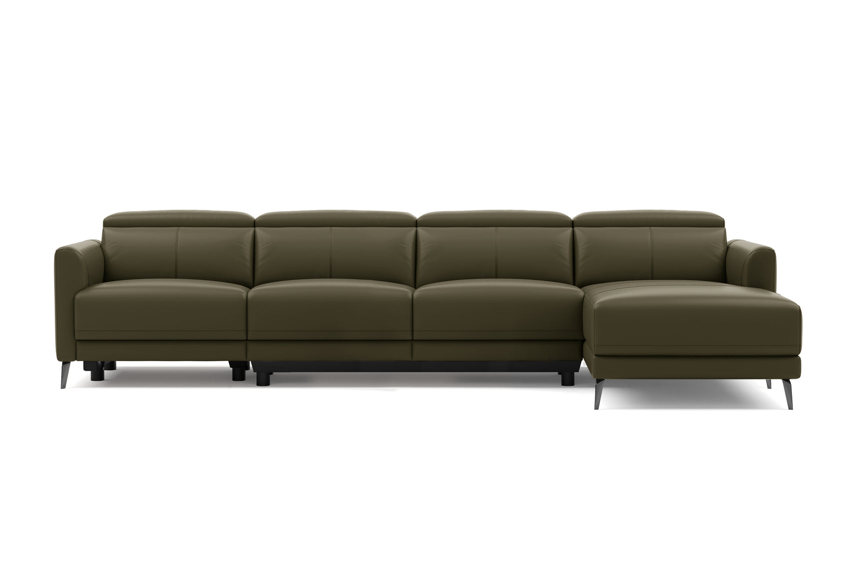 Valencia Andria Modern Top Grain Leather Reclining Sectional Four Seats with Right Chaise Sofa, Dark Green Color