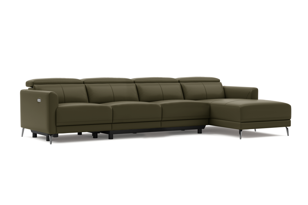 Valencia Andria Modern Top Grain Leather Reclining Sectional Four Seats with Right Chaise Sofa, Dark Green Color