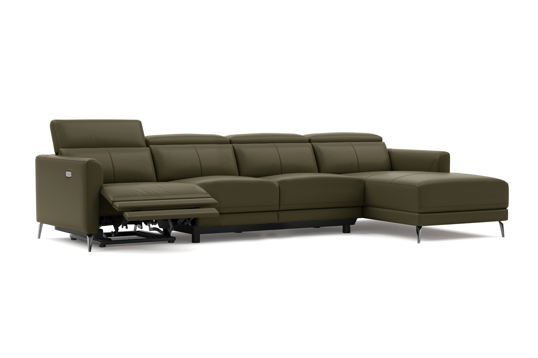 Valencia Andria Modern Top Grain Leather Reclining Sectional Four Seats with Right Chaise Sofa, Dark Green Color