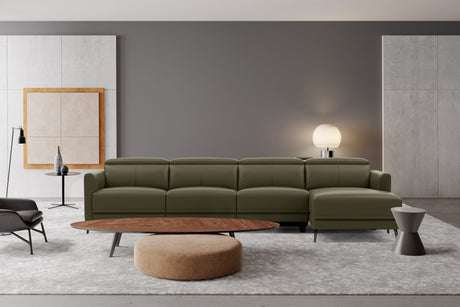 Valencia Andria Modern Top Grain Leather Reclining Sectional Four Seats with Right Chaise Sofa, Dark Green Color