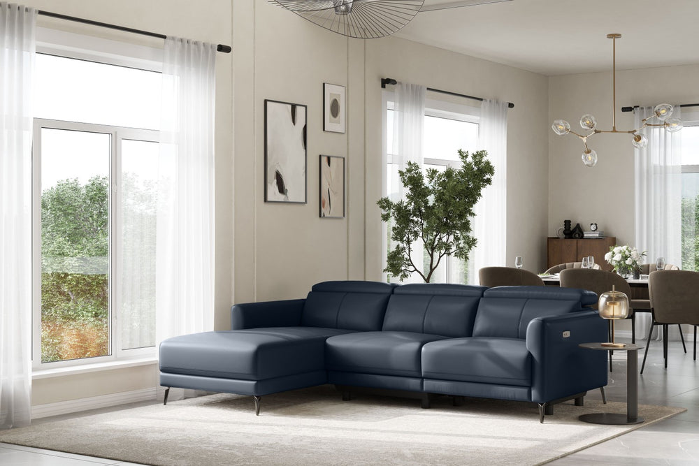 Valencia Andria Modern Left Hand Facing Top Grain Leather Reclining Sectional Sofa, Blue Color