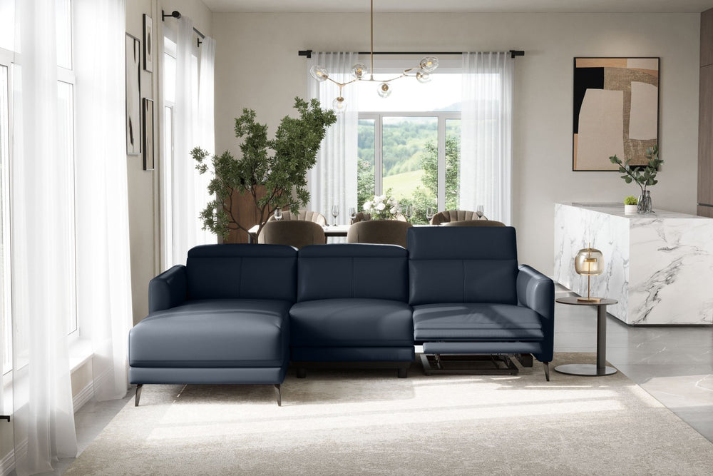 Valencia Andria Modern Left Hand Facing Top Grain Leather Reclining Sectional Sofa, Blue Color