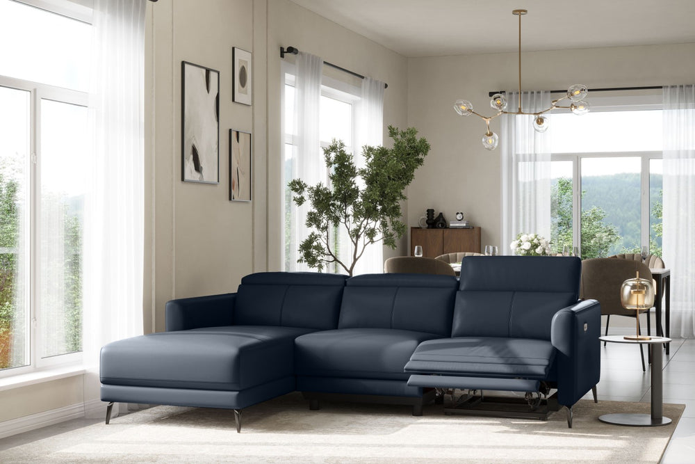 Valencia Andria Modern Left Hand Facing Top Grain Leather Reclining Sectional Sofa, Blue Color