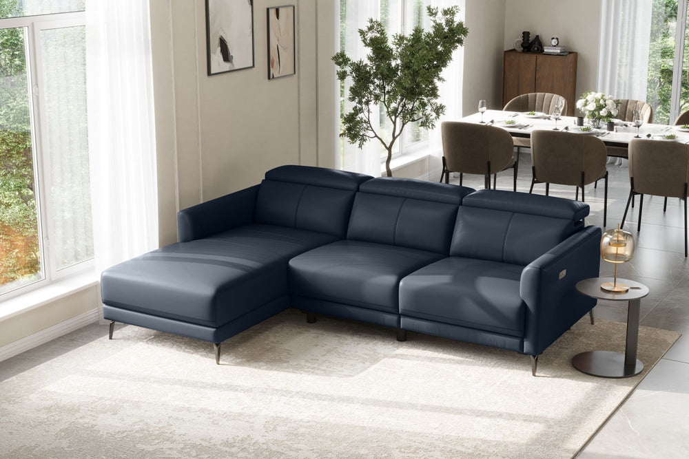 Valencia Andria Modern Left Hand Facing Top Grain Leather Reclining Sectional Sofa, Blue Color