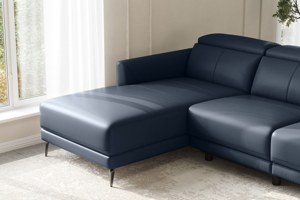 Valencia Andria Modern Left Hand Facing Top Grain Leather Reclining Sectional Sofa, Blue Color