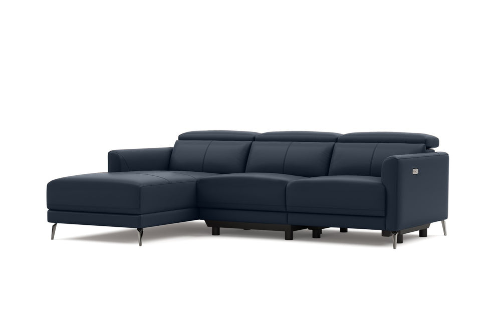 Valencia Andria Modern Left Hand Facing Top Grain Leather Reclining Sectional Sofa, Blue Color