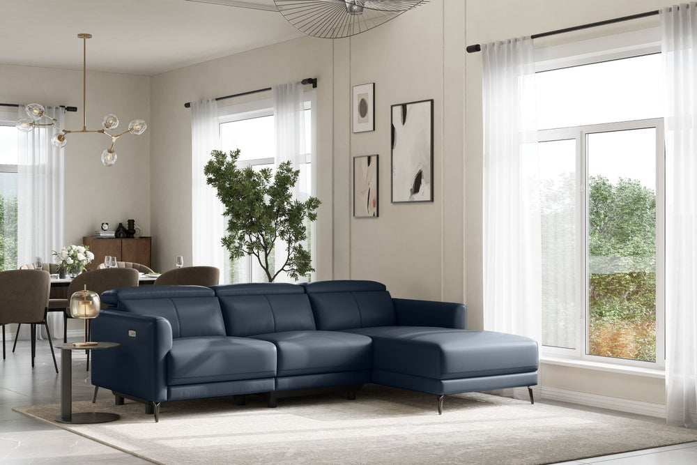 Valencia Andria Modern Right Hand Facing Top Grain Leather Reclining Sectional Sofa, Blue Color