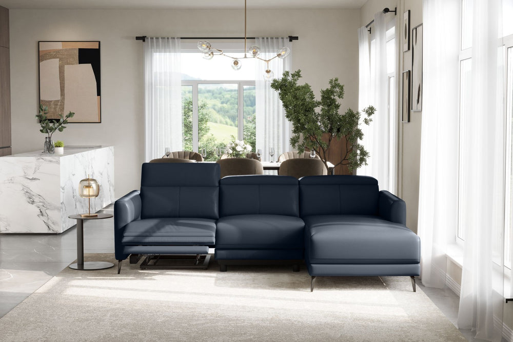 Valencia Andria Modern Right Hand Facing Top Grain Leather Reclining Sectional Sofa, Blue Color