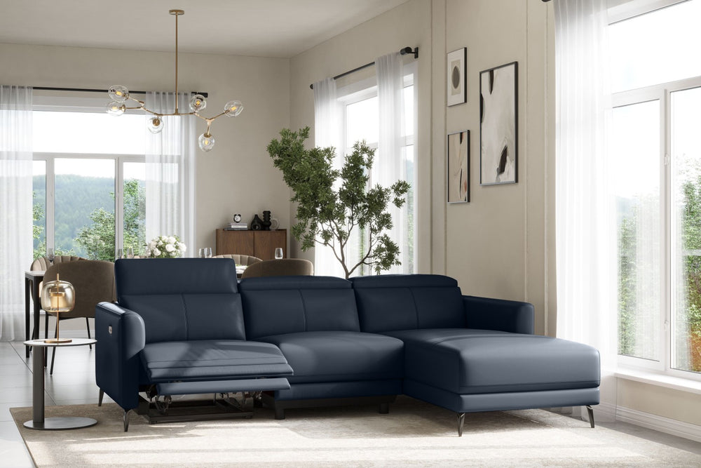 Valencia Andria Modern Right Hand Facing Top Grain Leather Reclining Sectional Sofa, Blue Color