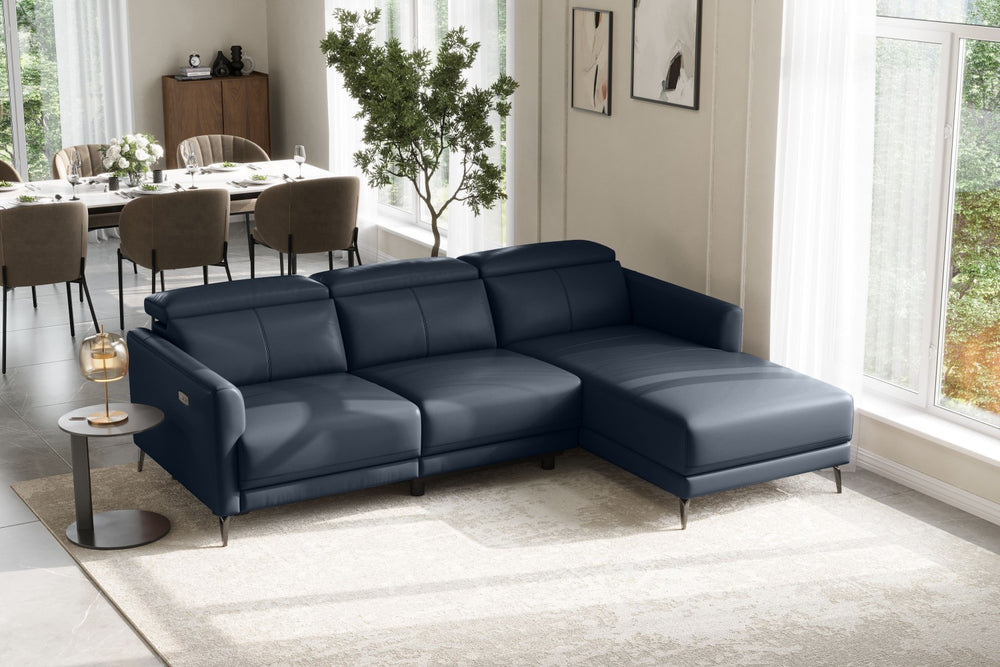 Valencia Andria Modern Right Hand Facing Top Grain Leather Reclining Sectional Sofa, Blue Color