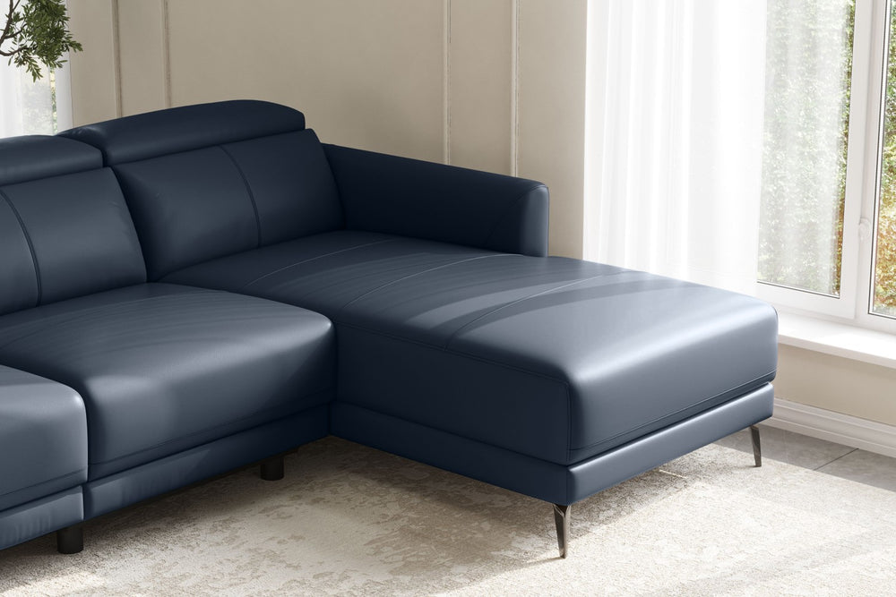 Valencia Andria Modern Right Hand Facing Top Grain Leather Reclining Sectional Sofa, Blue Color