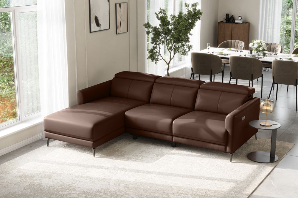 Valencia Andria Modern Left Hand Facing Top Grain Leather Reclining Sectional Sofa, Chocolate Color