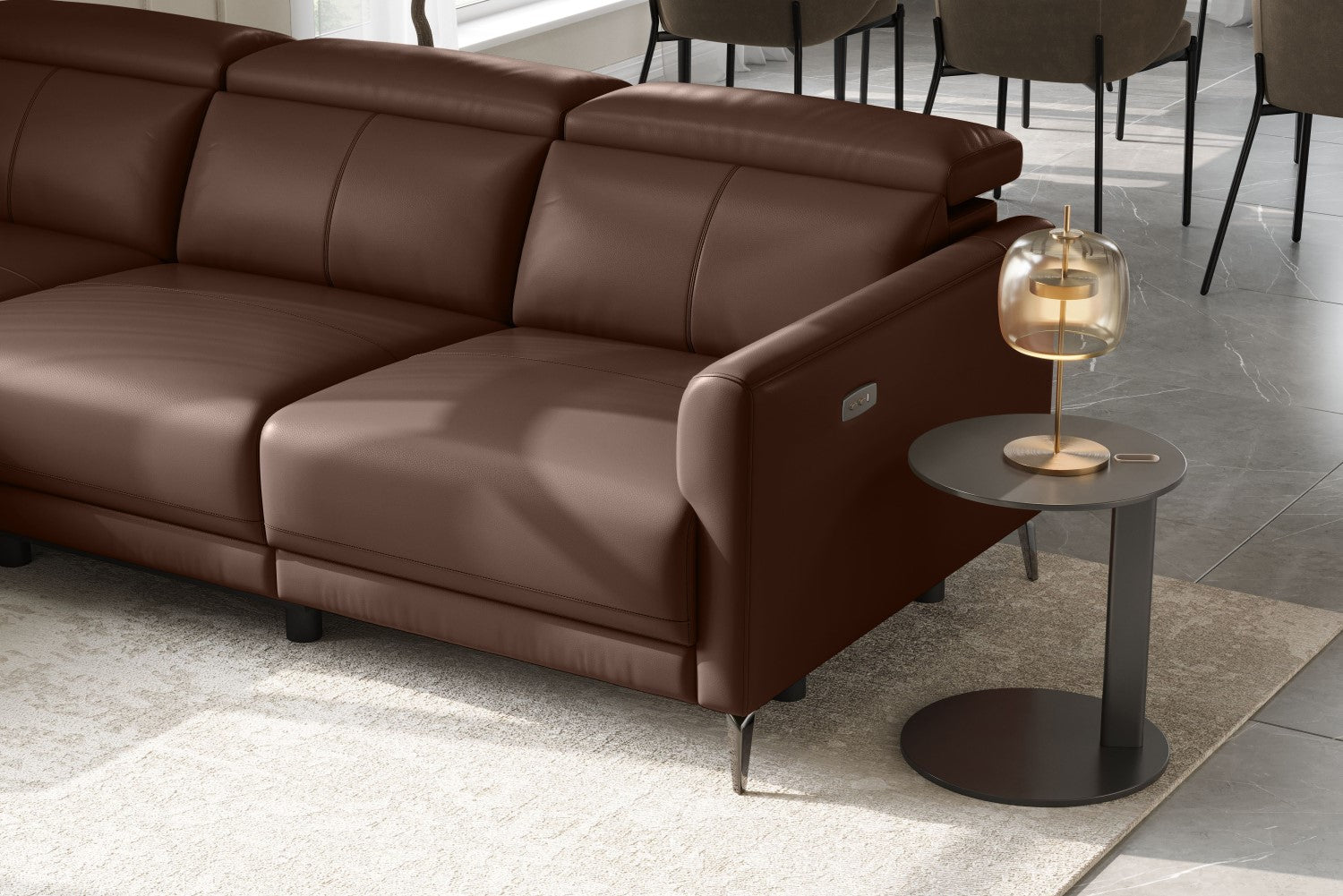 Valencia Andria Modern Left Hand Facing Top Grain Leather Reclining Sectional Sofa, Chocolate