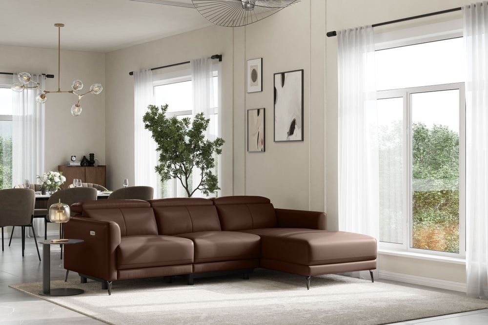 Valencia Andria Modern Right Hand Facing Top Grain Leather Reclining Sectional Sofa, Chocolate Color