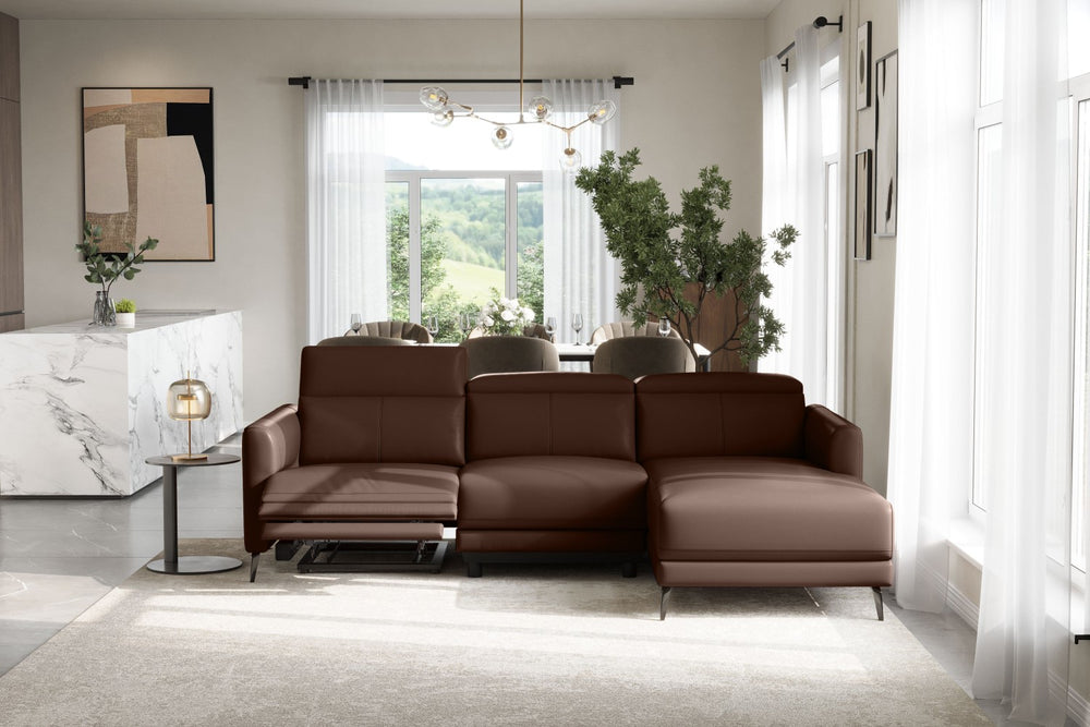 Valencia Andria Modern Right Hand Facing Top Grain Leather Reclining Sectional Sofa, Chocolate Color