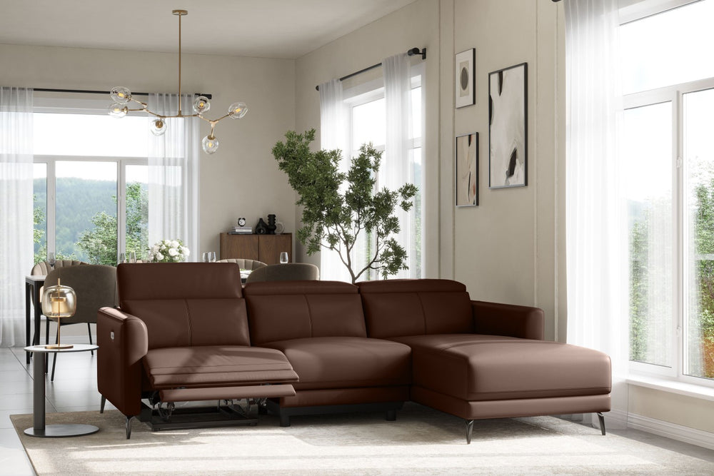 Valencia Andria Modern Right Hand Facing Top Grain Leather Reclining Sectional Sofa, Chocolate Color