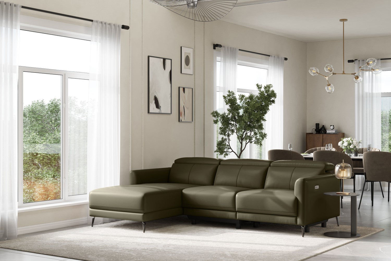 Valencia Andria Modern Left Hand Facing Top Grain Leather Reclining Sectional Sofa, Dark Green Color