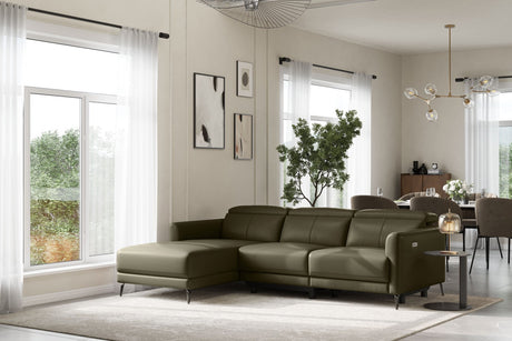 Valencia Andria Modern Left Hand Facing Top Grain Leather Reclining Sectional Sofa, Dark Green Color