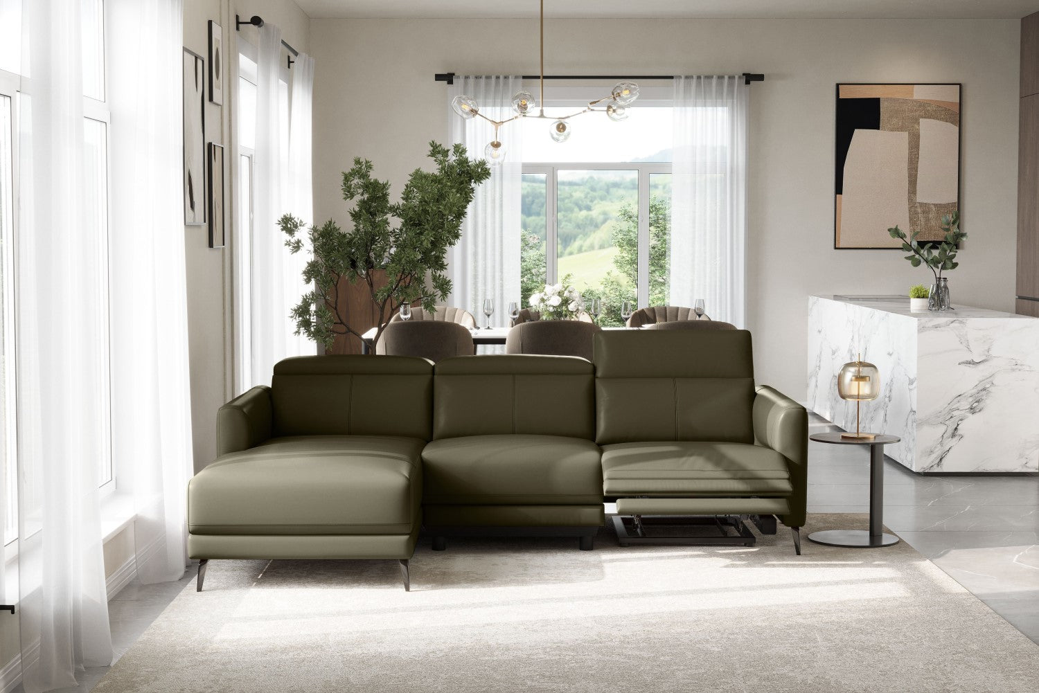 Valencia Andria Modern Left Hand Facing Top Grain Leather Reclining Sectional Sofa, Dark Green Color
