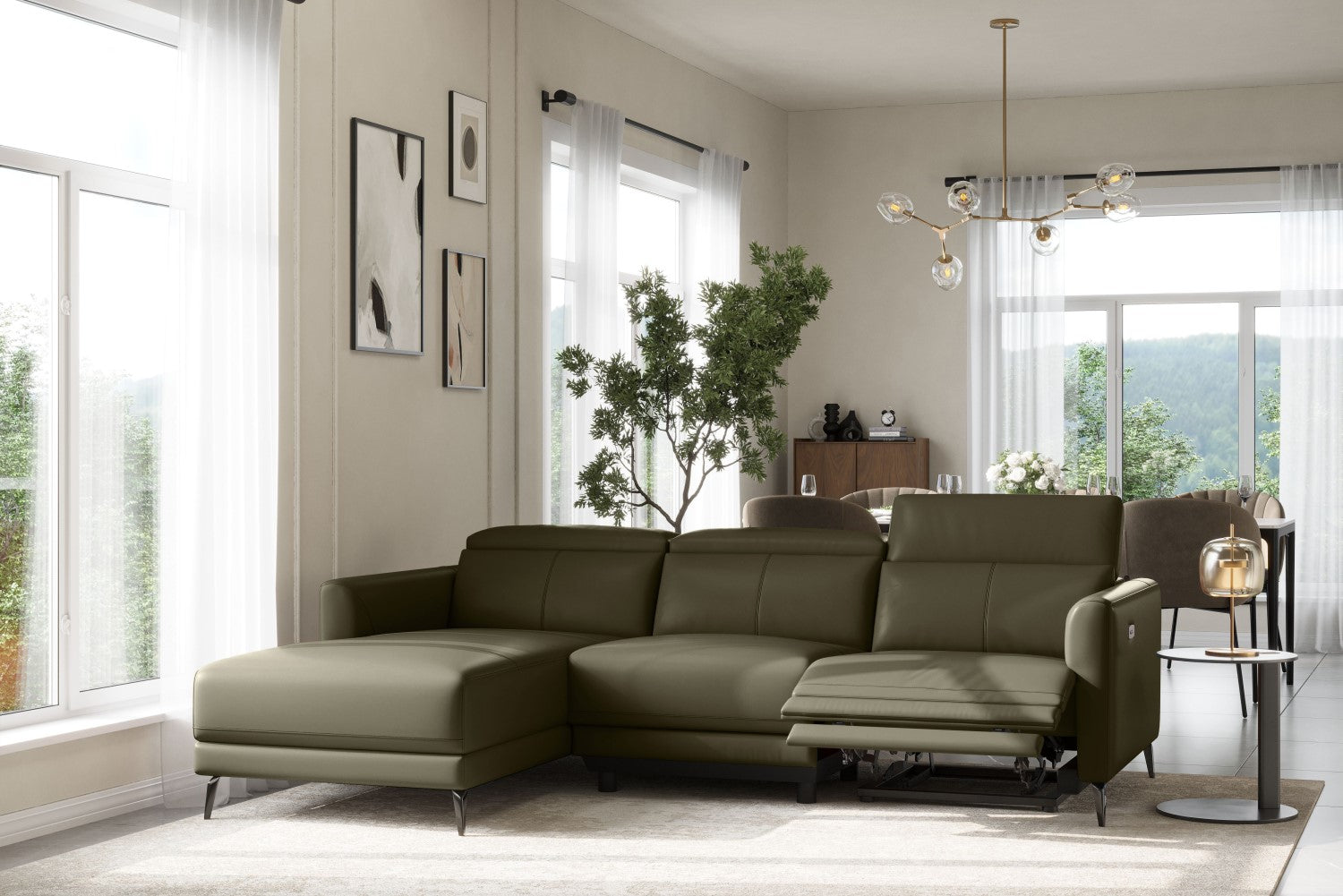 Valencia Andria Modern Left Hand Facing Top Grain Leather Reclining Sectional Sofa, Dark Green Color